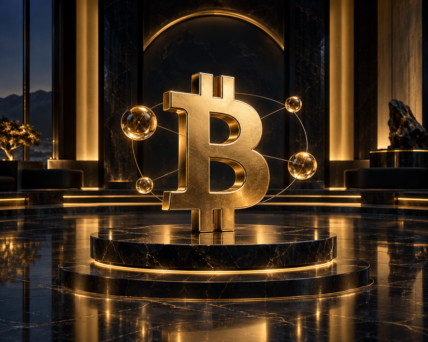 Gold Bitcoin sculpture in a black and gold lounge